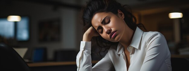 Depressive Geschäftsfrau sitzt in ihrem Büro, hält ihren Kopf mit der Hand und leidet unter Überarbeitungsstress oder Arbeitsplatzverlust