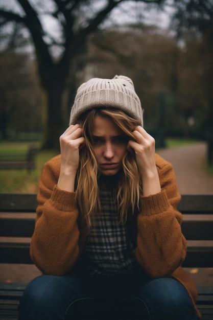 Foto depressive person frau, die nach unten schaut