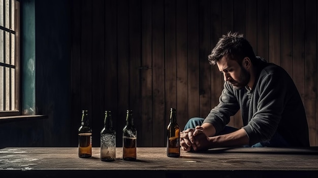 Depressiver Mann mit Bierflasche Soziales Problemkonzept