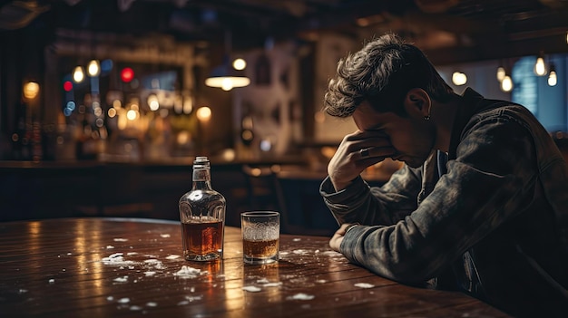 Depressiver Mann mit einer Flasche Bier Soziales Problemkonzept