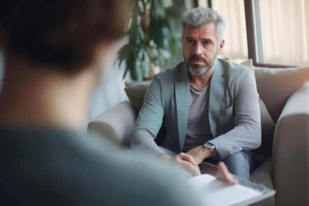 Depressiver Mann spricht bei einem Termin mit einem erfahrenen Psychologen, Psychologen, männlichen Therapeuten
