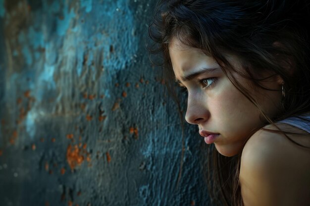 Deprimida adolescente caucásica de 15 años triste e infeliz apoyándose en una pared sucia y desaliñada peligrosa depresión adolescente