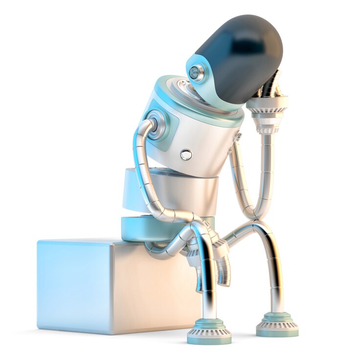 Foto deprimido triste robot sentado en negro.