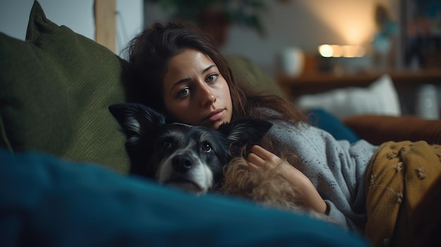 Deprimierte Frau liegt mit ihrem Hund auf dem Sofa