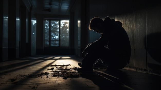 Deprimierter Mann in einem dunklen Korridor eines Gebäudes
