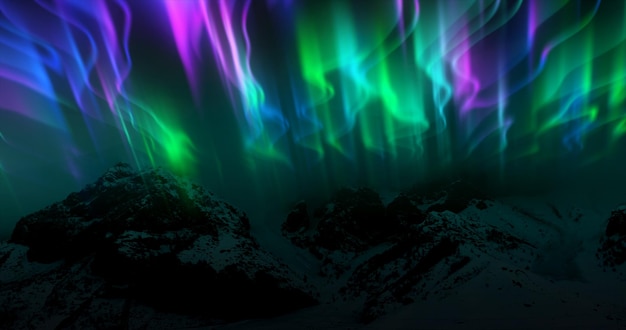 Der abstrakte Hintergrund der mehrfarbigen Nordlichter und Berge im Norden