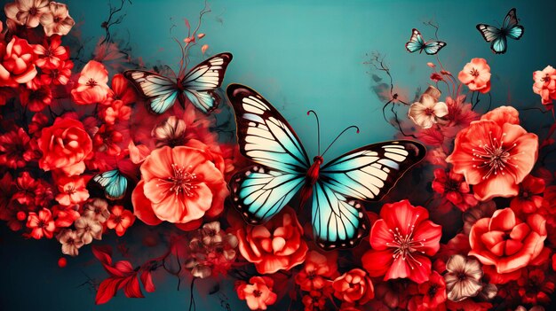 Der ätherische Tanz der zarten Schmetterlinge inmitten der üppigen Blüten in einer traumhaften türkisfarbenen Reverie