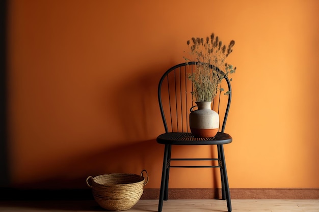 Der alte Holzboden ist mit einem schwarzen Metallstuhl und einem Terrakottaglas mit einer trockenen Schilfblume in einem leeren Raum im lokalen Stil mit einer orangefarbenen leeren Wand dekoriert