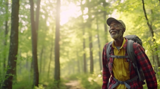 Der alte Mann schaute aufmerksam zur Seite und ging auf Camping-Trekking, um sich mit der Natur zu vereinen