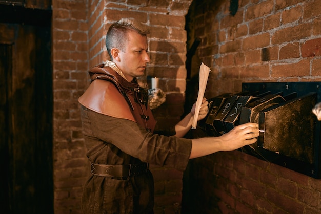 Foto der alte reisende zeichnet eine labyrinthkarte an die tür