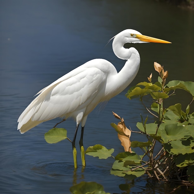 Der anmutige Egret, ein vertikaler Blick auf den See