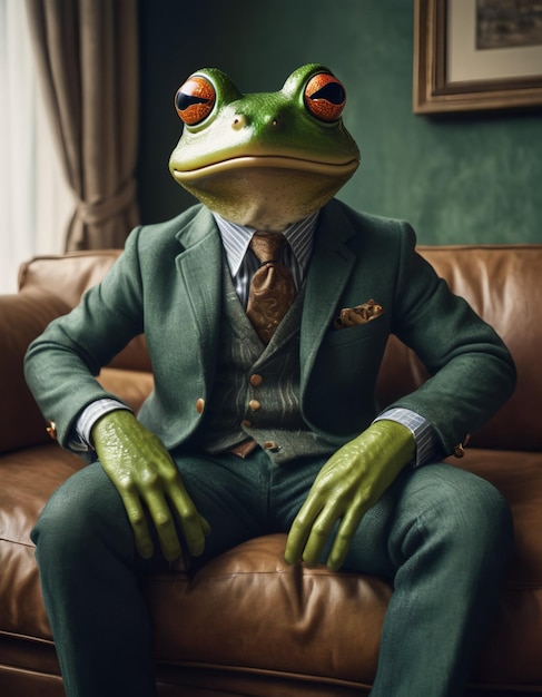 Der anthropomorphe Froschmann in einem stilvollen Anzug sitzt auf einem Ledersofa