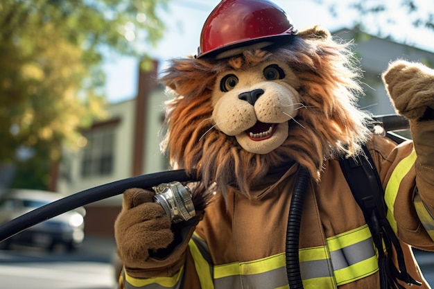 Foto der anthropomorphe löwe arbeitet als feuerwehrmann. er trägt eine uniform und einen helm.