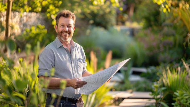 Foto der architekt entwirft einen garten für die bewohner und füllt ihn mit grünen pflanzen.