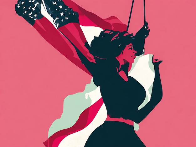 Der Arm einer Frau hob ihre geballte Faust, geschmückt mit einer Flagge des Feminismus, als Zeichen ihrer Stärke
