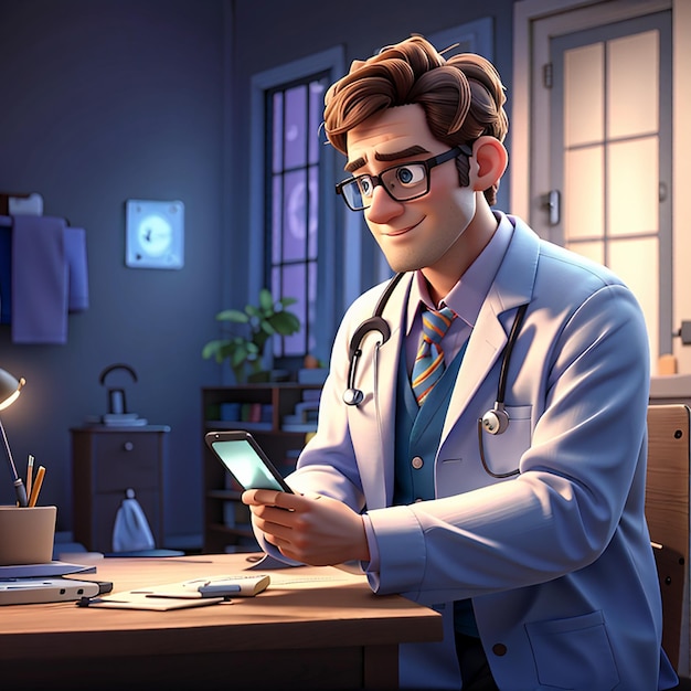Der Arzt kommuniziert mit dem Patienten über eine 3D-Charakterillustration des Mobiltelefons