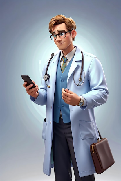 Der Arzt kommuniziert mit dem Patienten über eine 3D-Charakterillustration des Mobiltelefons