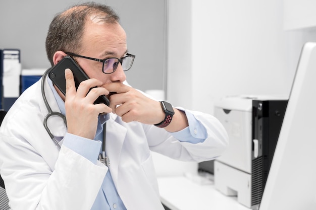 Der Arzt sieht besorgt aus, wie ein Desktop-Computerbildschirm die Ergebnisse einer medizinischen Untersuchung überprüft