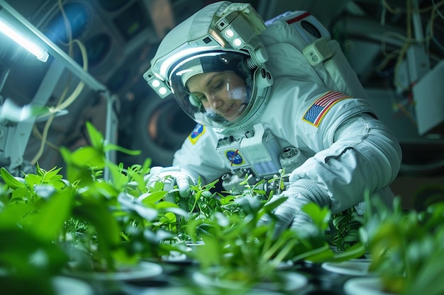 Der Astronaut führt Experimente mit Pflanzenwachstum generativ aus