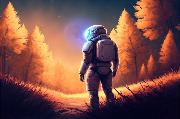 Der Astronaut mitten im herbstlichen Wald und mit Blick auf das seltsame Licht in seiner Hand digitale Kunststil-Illustrationsmalerei Fantasy-Konzept eines Astronauten im Wald