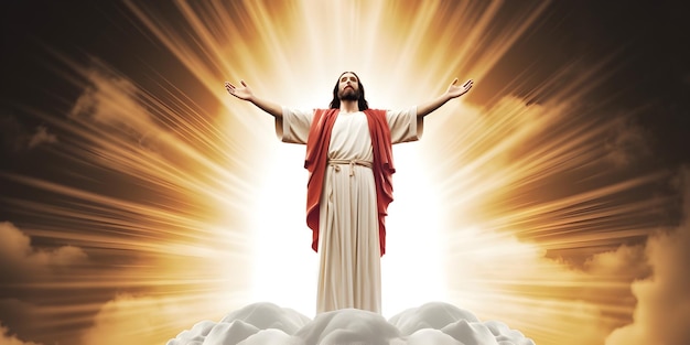 Der auferstandene Jesus Christus steigt in den Himmel auf Über dem hellen Licht Himmel und Wolken Gott Himmel und Zweites Kommen Konzept