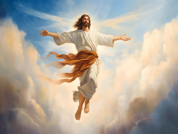 Der auferstandene jesus christus steigt in den himmel über dem himmel und den wolken auf. konzept des himmels und der wiederkunft gottes