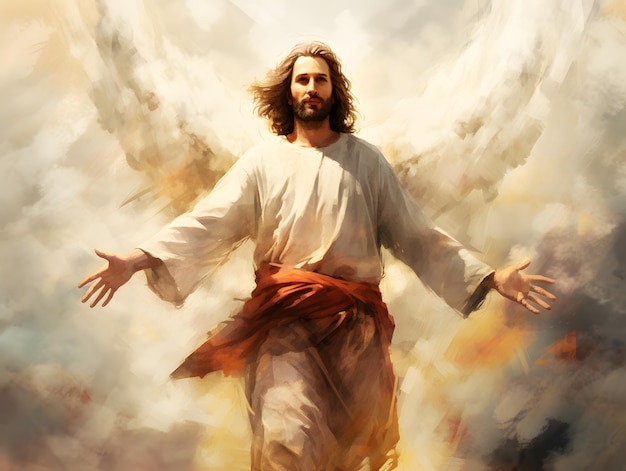 Der auferstandene Jesus Christus steigt in den Himmel über dem Himmel und den Wolken auf. Konzept des Himmels und der Wiederkunft Gottes