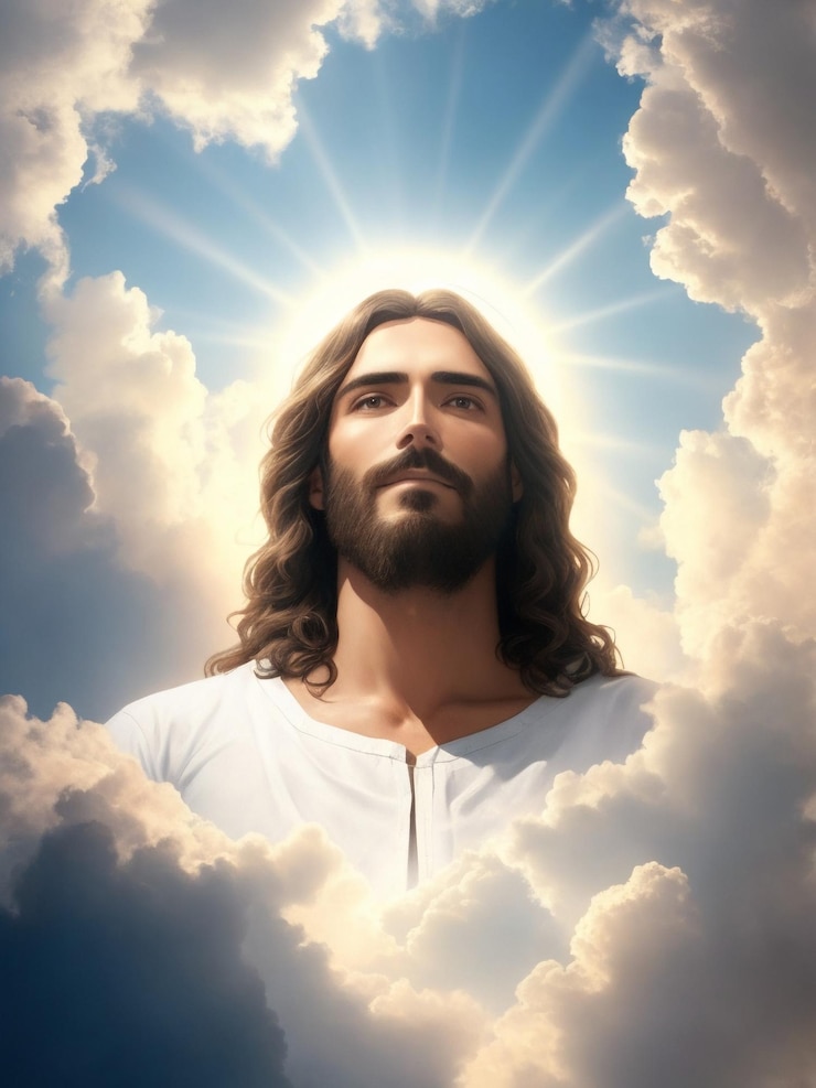 Der auferstandene Jesus Christus stieg über dem hellen, hellen Himmel und den Wolken in den Himmel auf