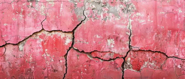 Der ausgedehnte Blick auf eine rosa lackierte Wand, die unter Erosion leidet, wobei die Farbe in großen Teilen abfällt und ein strukturiertes Panorama des Verfalls erzeugt