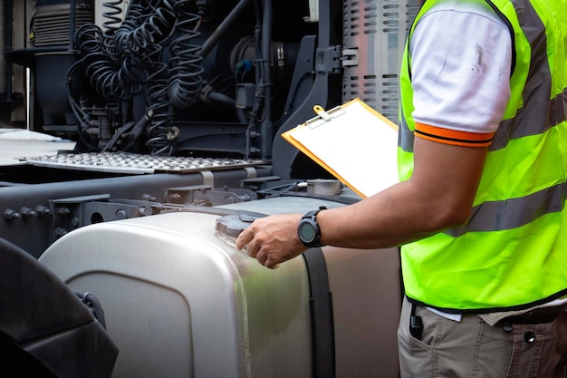 Der Automechaniker überprüft die Checkliste für die tägliche Wartung der Tanklastwagen des Sattelzugs