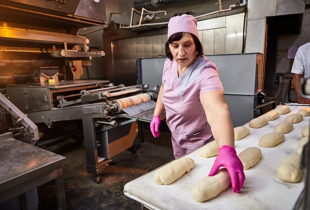 Der Bäcker formt den Teig zum Brotbacken und legt ihn bei der Herstellung in den Ofen