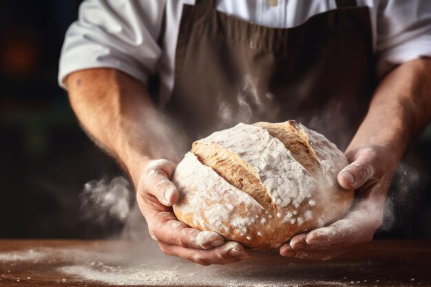 Foto der bäcker macht im ofen frisches sauerteigbrot mit mehl auf dem tisch generative ai