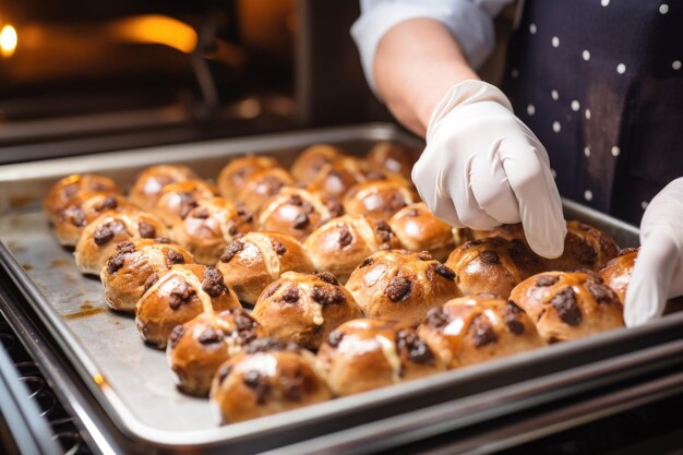 Der Bäcker steckt geschickt heiße Kreuzbrötchen in das warme Innere des Ofens ein