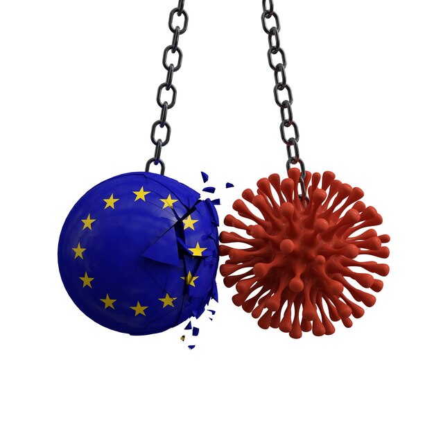Foto der ball der europäischen union zerschmettert eine viruskrankheitsmikrobe