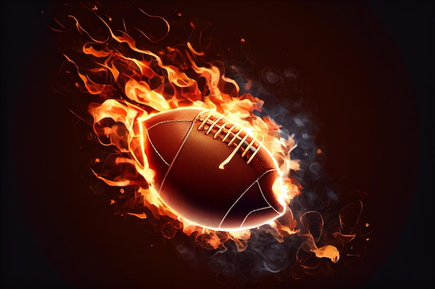 Der Ball für American Football fliegt in Flammen auf einem hellen Hintergrund. Generieren Sie Ai