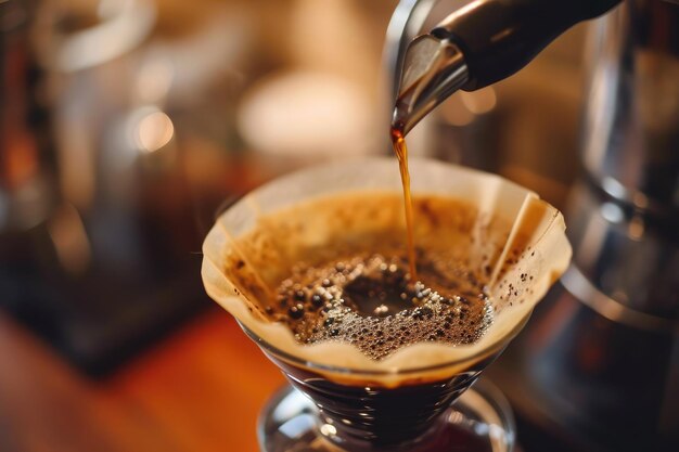 Der Barista schüttet heißes Wasser durch einen Papierfilter in die Tasse.