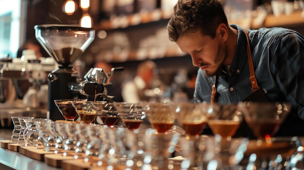 Foto der barista untersucht sorgfältig die farbe und das aroma des kaffees, den er gerade gebraut hat