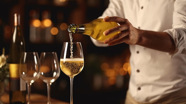 Der Barkeeper gießt Weißwein aus der Flasche in das Glas