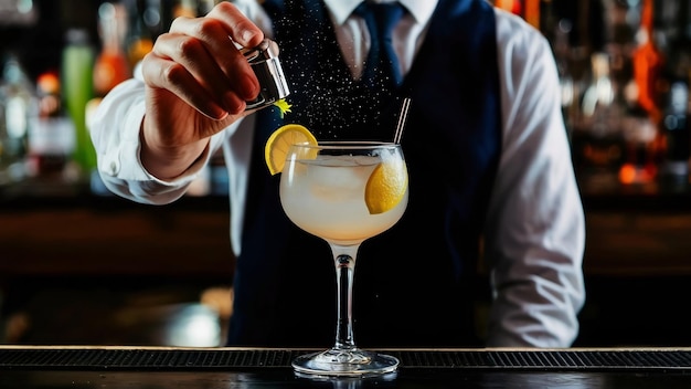 Der Barkeeper serviert einen Cocktail mit einer Zitronenscheibe und einer kleinen gelben Blume, die in der