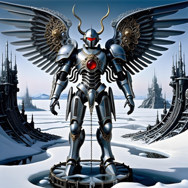 Der barocke biomechanische Cybermech-Engel steht hoch und imposant mit seinen komplizierten metallischen Flügeln str