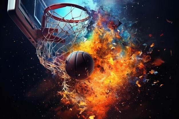 Der Basketball ist im Netz mit einem Spritzer Farbe und dem Rand