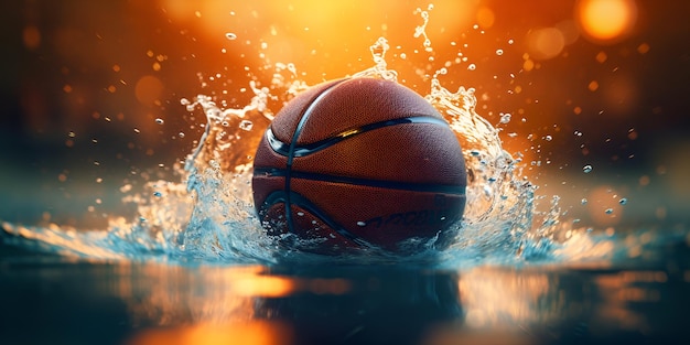 Der Basketball ist in einem geschlossenen Splash und wird im Hintergrund mit Wasser besprüht