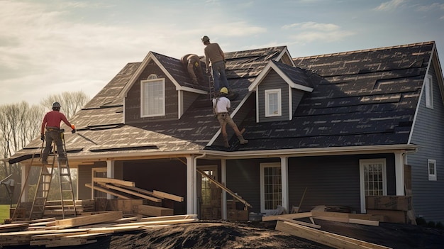 Der Bau findet statt, während ein fleißiges Team Schicht für Schicht Dachschindeln an einem neuen Haus anbringt und die Struktur in einen Schutzraum der Sicherheit und des Komforts verwandelt. Generiert durch KI