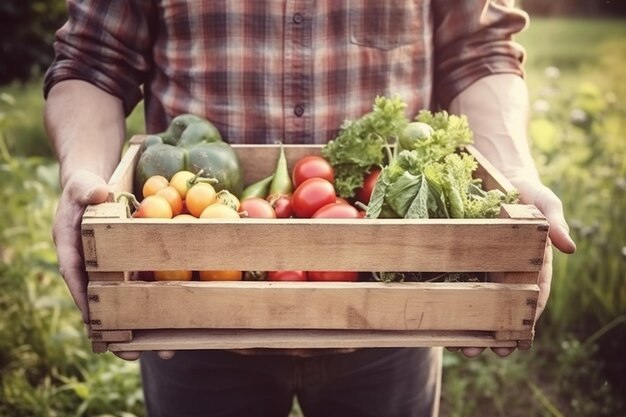 Der Bauer hält eine Holzkiste mit Gemüseprodukten im Garten in der Hand