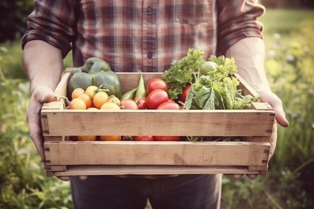 Foto der bauer hält eine holzkiste mit gemüseprodukten im garten in der hand