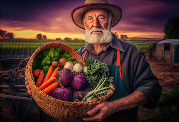 Der Bauer hält einen Korb mit geerntetem Gemüse vor dem Hintergrund einer Farm. Erzeuge Ai