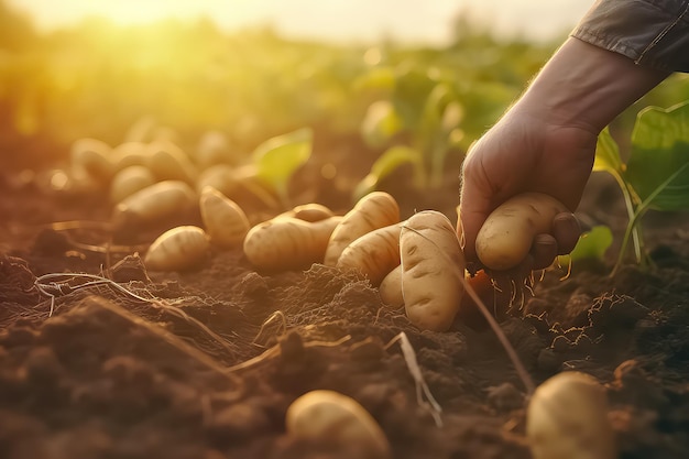 Der Bauer hält in seinen Händen eine Kartoffelernte im Garten