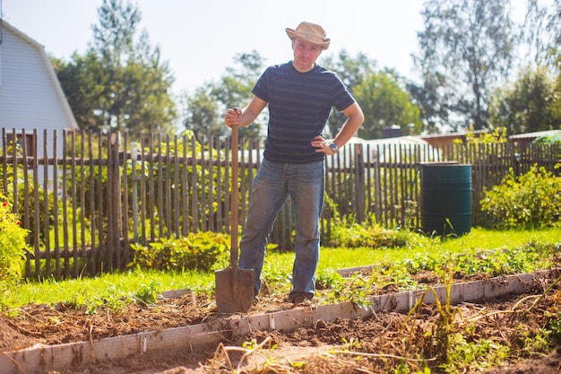 Der Bauer steht mit einer Schaufel im Garten und bereitet den Boden für die Pflanzung von Gemüse vor Gartenkonzept Landwirtschaftliche Arbeiten auf der Plantage