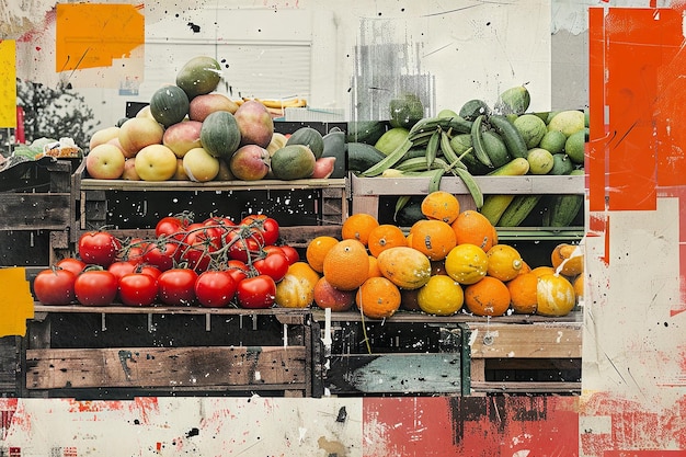 Der Bauernmarkt Essenz zeitgenössische Kunstcollage, die lokale Produkte feiert