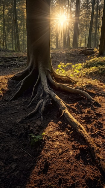 Der Baum wird bei Sonnenaufgang mit seinen Wurzeln in einem dichten Wald festgehalten. Generative KI